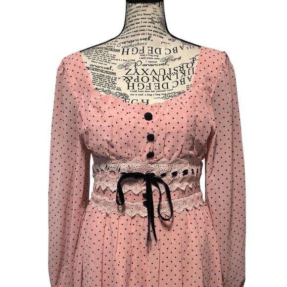 Pink Black Polka Dot  Square Neck A Line Chiffon Whimsical‎ Fairy Romantic Large - Picture 2 of 10